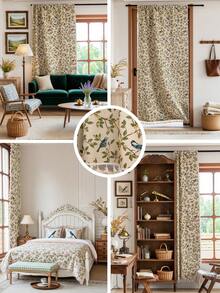 1 件复古花卉和鸟类提花窗帘，涤纶房间窗帘，客厅窗帘，厨房窗帘，杆袋窗帘，适用于厨房和各种房间 - 无配件，可机洗，秋季装饰，四季皆宜 - 彩色 - 查看 3