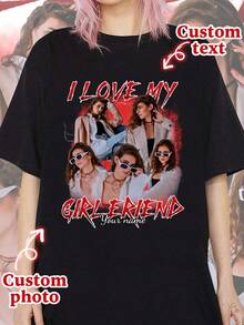 Customized Photo T-Shirt - Add Your Favorite Photo And Text (Girlfriend Photo/Couple Photo/Family Photo/Selfie/Pet Photo/Friend Photo) - Black - View 2