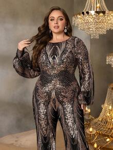 Faeriesty Curve Plus Metallic Sequin Feather-Patterned Long-Sleeved Flared Cuff Wide-Leg Jumpsuit With Flowing Drape – Luxurious Vintage Formal Design | Perfect For Galas, Weddings, Parties, And Formal Celebrations