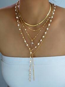 5 件时尚简约十字架吊坠，仿珍珠 Y 型项链套装，金色，女士多层项链，适合度假、约会、派对、生日、圣诞礼物，百搭日常佩戴