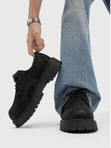 Men's Fashionable Black Thick Sole Lace-Up Casual Dress Shoes, Low-Top Formal Party Vintage Round Toe Elevator Shoes, - Black - View 5