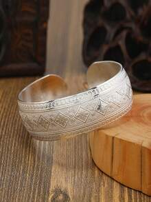 Vòng tay bản rộng bạc cổ điển phong cách Boho, thiết kế hoa văn chạm khắc dành cho nữ, trang sức thời trang đa năng phong cách Bohemian retro. - Màu Bạc Cổ - Xem 11