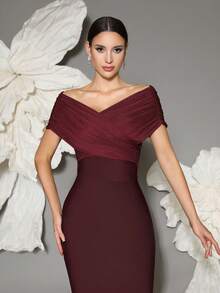 Off-Shoulder Bandage Knit Bodycon Dress, Sexy European Style, Suitable For Family Gatherings, Parties, Banquets - Burgundy - View 4