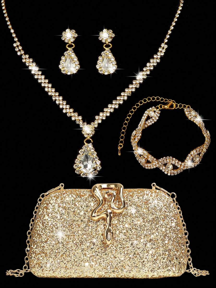 Bộ trang sức đính đá lấp lánh gồm dây chuyền, bông tai và vòng tay, kết hợp với túi xách cầm tay sang trọng, thích hợp cho các bữa tiệc, đám cưới lãng mạn, túi đeo vai mùa xuân/hè, túi cô dâu, các buổi khiêu vũ trang trọng. - Vàng - Xem 1