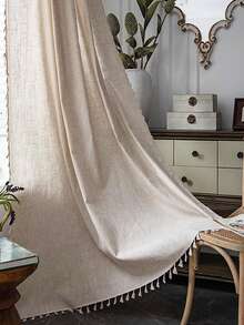 MineLain 1pc Boho Plain Color Linen Tassel Window Curtain, Semi-Blackout Washable Rod Pocket Curtain Panel For Room Divider, Kitchen, Easy Install, Home Decor For Bedroom, Study, Balcony, Living Room, Bay Window - Apricot - View 16