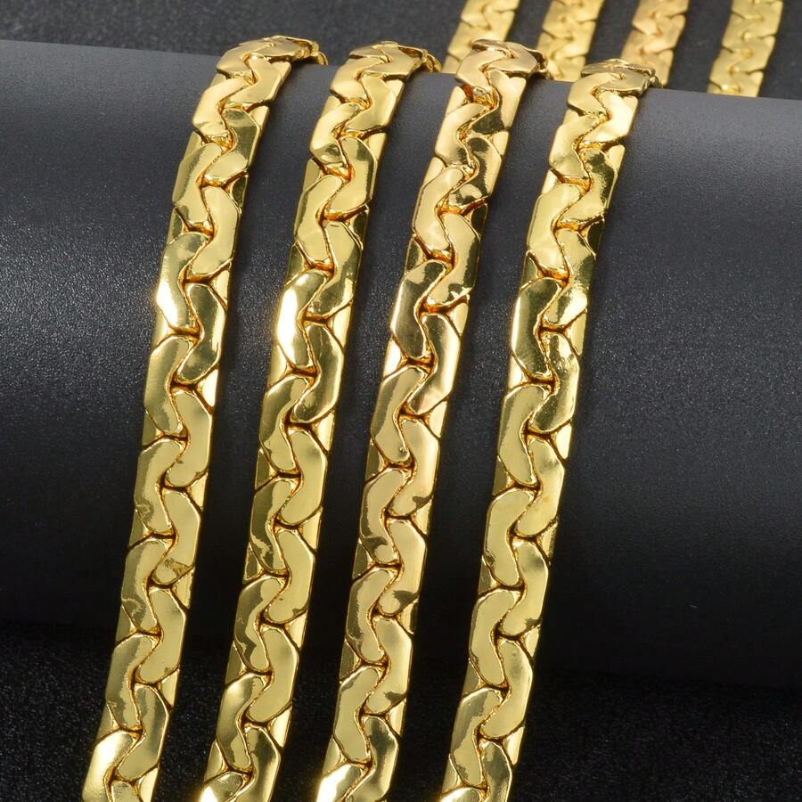 750 Italy 14k Copper Plated Gold Geometric Splicing 7mm Cuban Necklace Hip Hop Street Style Couple Fashion Jewelry Suitable For Men Women Daily Party Stage Music Festival Wear - 金黃色 - 查看 1