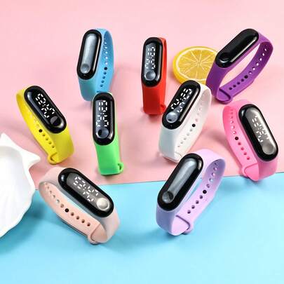 1 件彩色多巴胺手链手表，适合青少年 - 可爱的数字显示屏，带白光、日期和时间 - 鲜艳的混合颜色（黑色、黄色、绿色、红色、紫色、粉色） - 休闲电子腕表，适合休闲装