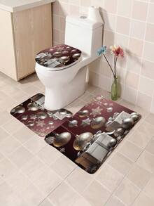 1 pieza/4 piezas Caja de regalo con bola de adorno de Navidad de lujo con tema plateado, decoración del hogar y del baño para Año Nuevo, cortina de ducha con 12 ganchos, alfombra de baño, alfombrilla en forma de U para el inodoro, tapa del inodoro, partición de baño, accesorios de baño, decoración de baño