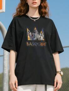 Artists Basquiat Crew Neck Casual Short-Sleeved Shirt Basic Shirt T-Shirt Unisex Cotton Short-Sleeved Shirt - 黑色 - 查看 3