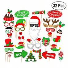 1pc Christmas Photo Frame+32pcs Handheld Photobooth Props, Red Christmas Decoration, Funny Photo Frame Paper, Handheld Photo Props, Party Supplies Set, Used For Taking Photos At Parties And Gatherings With Friends And Family