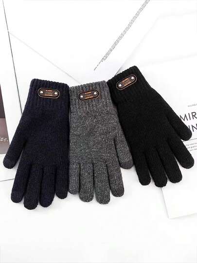1 Pair Of Solid-Colored Men's Large-Size Gloves With Touchscreen Capability, Thick And Fleecy, Warm, And Suitable For Winter Riding. Autumn Decor