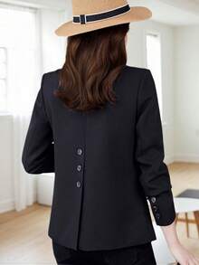 HOMEYEE Plus Size Lapel Collar Long Sleeve Buttoned Vintage Casual Business Professional Vacation Daily Blazer Jacket - 黑色 - 查看 1