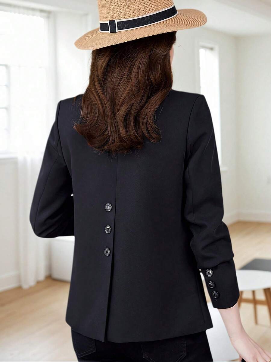 HOMEYEE Plus Size Lapel Collar Long Sleeve Buttoned Vintage Casual Business Professional Vacation Daily Blazer Jacket - 黑色 - 查看 1