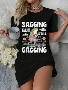 Sagging But Still Gagging Funny Meme Frog Humor Women Girls Dress Pajamas Sleepdress Nightshirt - 黑色 - 查看 1