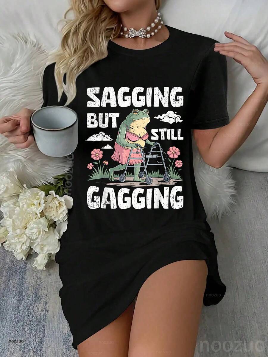 Sagging But Still Gagging Funny Meme Frog Humor Women Girls Dress Pajamas Sleepdress Nightshirt - 黑色 - 查看 1