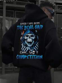 Men's Casual Street Punk Art Skull Graphic Hoodie Sweatshirt, Long Sleeve Top - Black - View 3