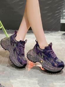 2025春秋季女士水钻厚底运动鞋，时尚高帮休闲跑步鞋 - 紫色 - 查看 4