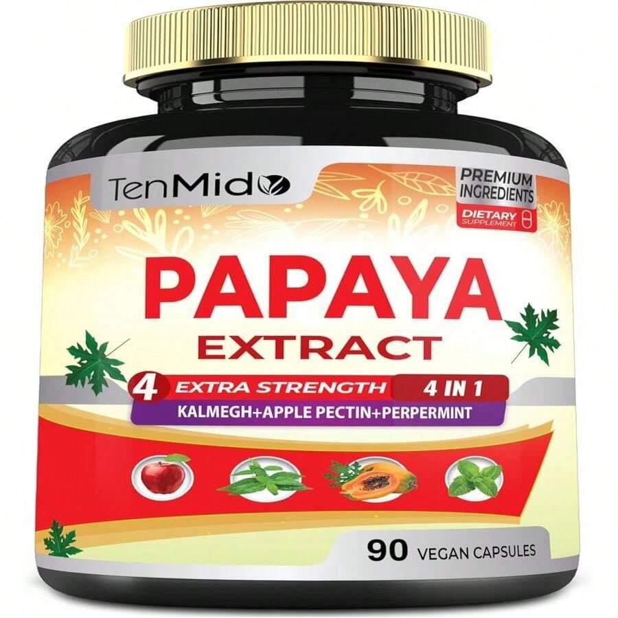 Temido Papaya Leaf Extract Supplements Capsules, 3 Months Supply With Kalmegh, Apple Pectin, Peppermint - Improved Digestion Function - 90 Vegan Capsules - White - View 1