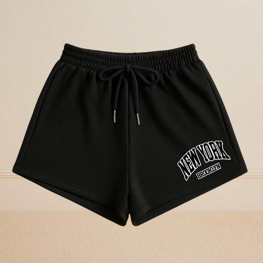 Women's Casual Basic Printed New York Sweatshirt Shorts - 黑色 - 查看 1