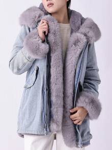 Damen Denim Jacke mit Fellkragen und Taschen für Herbst/Winter Pendeln von Risissida - Graue Haare - Übersicht 5