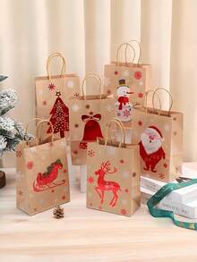 24个/6个圣诞礼品袋，圣诞老人、圣诞树印花牛皮纸袋，礼品包装袋，派对装饰手提袋，圣诞装饰品，圣诞派对用品，礼品袋，手提袋，包装袋。印有圣诞老人、圣诞树、雪人、驯鹿、圣诞铃铛、圣诞雪橇等图案。适用于礼品包装、购物包装。圣诞节。 - 彩色 - 查看 5