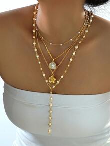 4pcs Fashionable Minimalist Bohemian Shell Flower & Faux Pearl Y-Necklace Set, Versatile For Vacation, Date, Party, Gift, Daily Wear