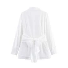 Camisa holgada asimétrica de manga larga con diseño de doble capa falso y camisa con cordón para mujer, para trabajo y casual elegante. Camisa blanca de manga larga con nudo y cuello clásico para mujer