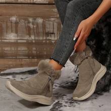 Bottes de neige confortables avec bordure en fourrure pour femmes, bout rond, fermeture éclair, bottes de cheville d'hiver décontractées pour sports de plein air, nouvelle doublure thermique épaisse, tige courte, noir - Kaki - Voir 3