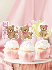 24pcs Baby Shower Party Bear Cupcake Toppers, Baby Shower Party Supplies, Birthday Decorations, Cute Bear Themed Baby Shower Party Decorations, Jungle Animal Theme Baby Shower Birthday Party Cake Decorations, Pink Baby Shower Home Decor Gifts - Pink - View 4