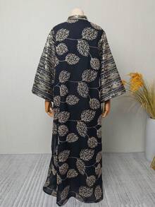 女款對比色亮片刺繡缺口領洋裝，女士伊斯蘭風度假黑色服飾 - 黑色 - 查看 7