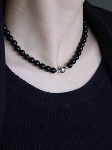 1pc 8mm Mysterious High-End Agate Beaded Necklace, Suitable For Daily Wear And Parties - Black - View 6