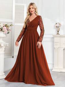 hezixi Sequin Splicing Chiffon A-Line Formal Evening Dress, V-Neck, Long Sleeve Elegant Prom Wedding Guest Gown, For Graduation, Dinner - Rust Brown - View 6