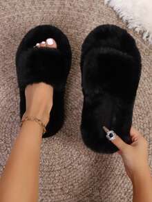 Women's Solid Color Cute Fabric Plush Slippers, Lightweight, Soft & Comfortable, European Size, Flat, Indoor For Autumn/Winter - Black - View 2
