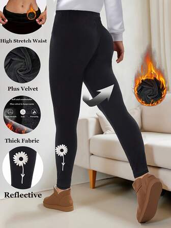 Women's Black Thermal Lined Leggings, Casual Elastic Soft Skinny Pants With Fluorescent Floral Print, Versatile For Everyday Wear, Yoga, Fitness, Outdoor Activities, Parties, Holidays, Gifts