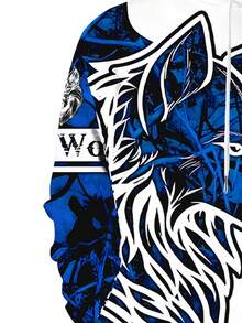 数码印花通勤运动休闲连帽衫，狼图案连帽卫衣，酷炫男士印花连帽衫，秋冬季街头风套头连帽衫，适合户外活动，绝佳礼品之选 - 彩色 - 查看 3