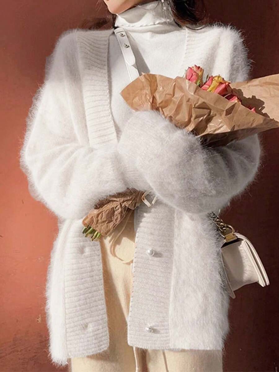 Autumn/Winter Mink Velvet V-Neck Knitted Cardigan Sweater For Women, Loose Oversized Casual Top - White - View 1
