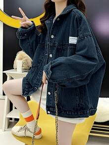 女士宽松落肩牛仔夹克，带口袋，春秋季 - 復古藍 - 查看 9