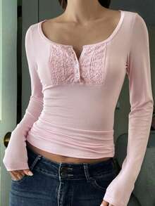 阳光女孩风格夏季女装返校蕾丝拼接半开领纽扣设计休闲修身长袖粉色针织T恤 春季 - 粉色 - 查看 3