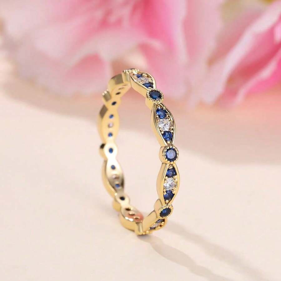 1pc Elegant Eternity Ring 18k Gold Plated Paved Blue And White Zirconia Engagement / Wedding Rong For Brides Also Match Daily Outfits