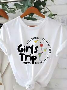 White T - Shirt For Girls Trip 2025 With Drink Graphics,220g Cotton Women's Casual Printed T-Shirt, Crew Neck Pullover Short-Sleeve