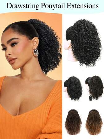 Ponytail Extension - 15 Inch Afro Kinky Curly Drawstring Ponytail For Women Synthetic Short Pony Tails Hair Extensions