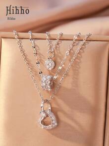 Hihho 3 件时尚休闲锆石镶嵌心形腰部设计个性化创意女士项链套装，派对礼物 - 銀色 - 查看 8