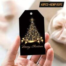 48pcs Christmas Black Gold Gift Tags With Hemp String – Festive Labels For Holiday Gift Wrapping, Christmas Tree Ornaments & Festive Home Decor, Ideal For Christmas Party Supplies - Multicolor - View 4