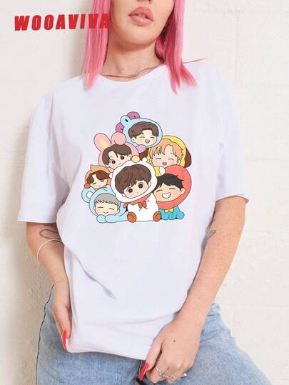 WOOAVIVA Plus Size Summer Y2K Cleanfit Casual Fitted Adorable Cartoon Characters Design, Perfect For Holiday Gatherings Casual Round Neck Short Sleeve Women T-Shirt, Suitable For Summer, Women Tops