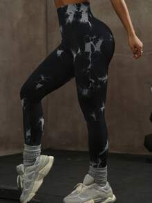 Tie-Dye Fashionable Yoga Leggings, Breathable Lifting Sexy Workout Tights, Women Sports Wear - Black - View 5