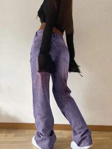 Celana Jeans Wanita Model Vintage Longgar dengan Potongan Lurus, Kasual untuk Musim Semi - Purple - View 2