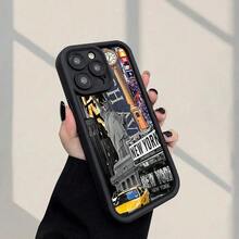 New York City Landmarks Pattern (Statue Of Liberty, Times Square Clock, "New York" Sign) Fashionable And Popular Shock - Proof Anti - Fingerprint Full Coverage Thick Protective Phone Soft Case Compatible With IPhone 7/8/11/12/13/14/15/16/16Pro/Plus/16Promax/X/Xs Max/Xr/12/13mini - Mixed Color 1 - View 4