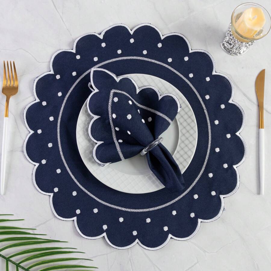 Placemat Kit, Embroidered Placemat, Round/Rectangular Table Placemat And Napkins - Navy Polka Dot - View 1
