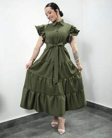 Premium Tailored Rafaela Women's Long Dress With Short Sleeves And Bow - Army Green - View 4