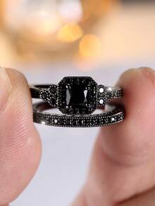 2 Pcs/Set Exquisite All-Black Cubic Zirconia Halloween-Style Women's Ring Set Designed For Women Halloween Jewelry Women's Jewelry Gift - Black - View 3